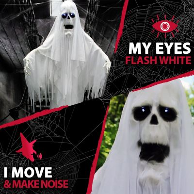 Image showing  Life-Size Animatronic Reaper, Indoor/Outdoor Halloween Decor, Flashing White Eyes, Poseable