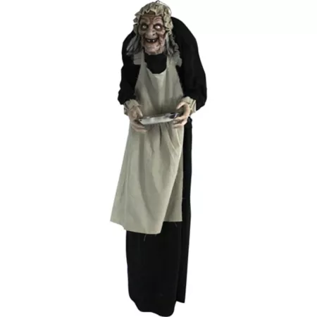 Haunted Hill Farm Life-Size Animatronic Zombie Maid Indoor/Outdoor Halloween Decor Flashing Red Eyes Moving Halloween Animatronics