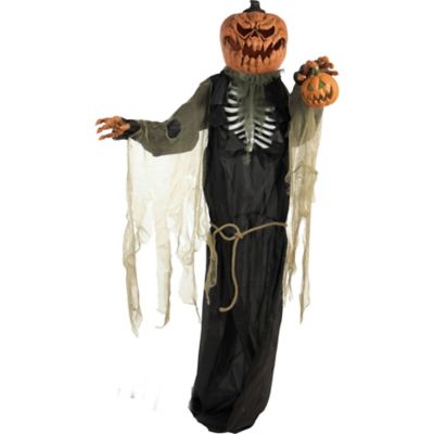 Haunted Hill Farm Life-Size Animatronic Pumpkin Man, Indoor/Outdoor Halloween Decor, Light-Up Head, Talking, 7 ft.