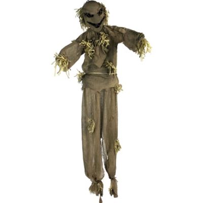 Haunted Hill Farm Life-Size Animatronic Scarecrow, Indoor/Outdoor Halloween Decor, Light-Up Red Face, Poseable