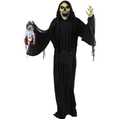 Haunted Hill Farm Life-Size Animatronic Reaper, Indoor/Outdoor Halloween Decor, Flashing Colorful Eyes, Poseable