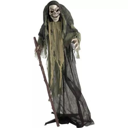 Haunted Hill Farm 69" Life-Size Animatronic Halloween Grim Reaper Indoor/Outdoor Halloween Decoration Flashing Red Eyes Halloween Animatronics