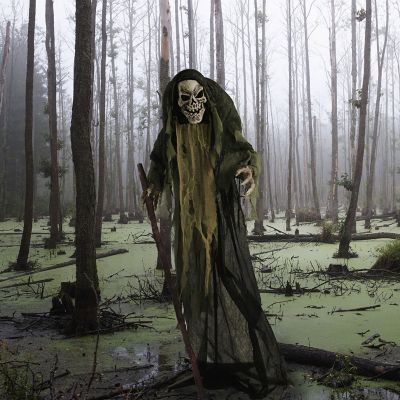 Image showing 7 th Haunted Hill Farm 69 in. Life-Size Reaper Halloween Animatronic, Indoor/Outdoor Halloween Decoration, Flashing Red Eyes