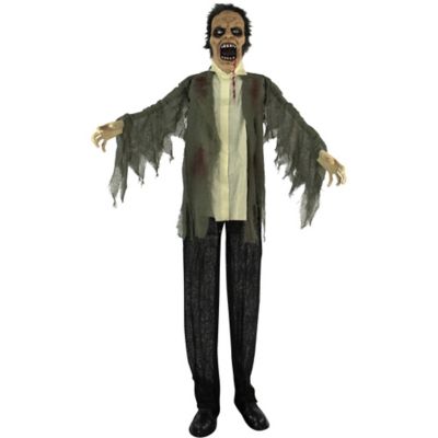 Haunted Hill Farm Life-Size Animatronic Zombie, Indoor/Outdoor Halloween Decor, Light-Up Colorful Eyes, Poseable