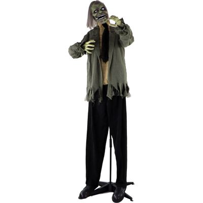Haunted Hill Farm Life-Size Animatronic Zombie, Indoor/Outdoor Halloween Decor, Red Flashing Eyes, Poseable