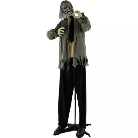 Haunted Hill Farm 70.9 in Life Size Halloween Animatronic Zombie Indoor/Outdoor Decor Flashing Red Eyes Poseable Halloween Animatronics