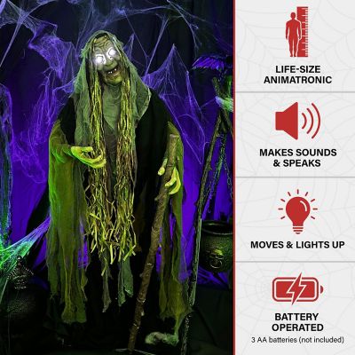 Image showing  68 in. Life-Size Poseable Swamp Witch with Lights and Sound Halloween Animatronic for Indoor/Covered Outdoor