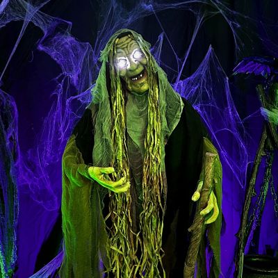 Image showing 9 th Haunted Hill Farm 68 in. Life-Size Poseable Swamp Witch with Lights and Sound Halloween Animatronic for Indoor/Covered Outdoor