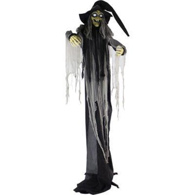 Haunted Hill Farm Life-Size Animatronic Witch, Indoor/Outdoor Halloween Decor, Light-Up White Eyes