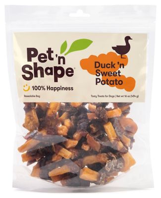 Pet 'n Shape Duck and Sweet Potato Dog Treats, 17 oz. I would recommend supervision as the sweet potato portion has gotten stuck on her back tooth