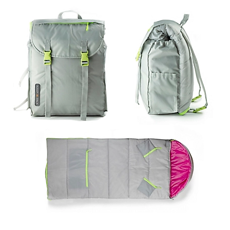 mimish Sleep-n-pack, 37 F Packable Kid's Sleeping Bag & Backpack, Outdoor Rated, 7-12 Yrs, Grey/Pink
