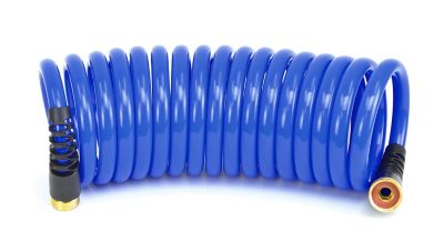 HoseCoil Pro 15 ft. Coiled Hose with Two Strain Reliefs, 1/2 in. Inner Diameter, 4.75 in. Coil Diameter, Blue