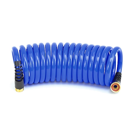 HoseCoil Pro 15 ft. Coiled Hose with Two Strain Reliefs, 1/2 in. Inner Diameter, 4.75 in. Coil Diameter, Blue