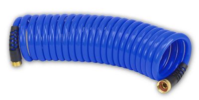 HoseCoil Pro 25 ft. Coiled Hose with Two Strain Reliefs, 1/2 in. Inner Diameter, 4.75 in. Coil Diameter, Blue