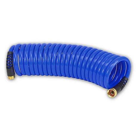 HoseCoil Pro 25 ft. Coiled Hose with Two Strain Reliefs, 1/2 in. Inner Diameter, 4.75 in. Coil Diameter, Blue