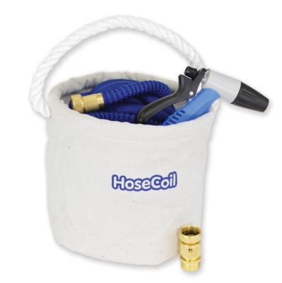 HoseCoil Canvas Bucket Kit with 75 ft. Blue Expandable Hose, Rubber Tip Nozzle and Quick Release