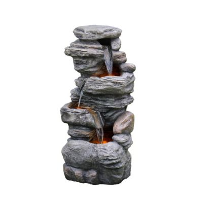 Teamson US Inc Peaktop Indoor/Outdoor 4-Tier Stacked Stone-Look Tall Waterfall Fountain with LED Lights