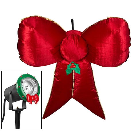 Gemmy Airblown Mixed Media Hanging Velvet Bow with External Spotlight, Red/Gold