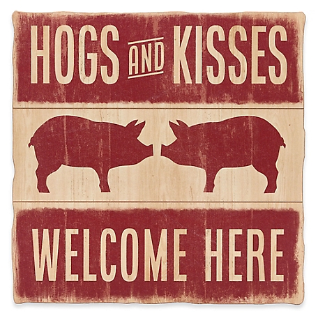 Open Road Brands Hogs and Kisses Welcome Here Wood Wall Decor, 18.25 in. x 18.25 in. x 0.375 in.
