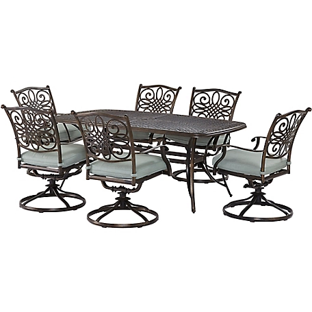 Agio 7 pc. Renditions Patio Set, Includes 6 Swivel Rockers and Cast-Top Table, Featuring Sunbrella Fabric, Mist Blue