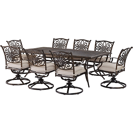Agio 9 pc. Renditions Patio Furniture Set, Includes 8 Swivel Rockers and Cast-Top Table, Silver, Featuring Sunbrella Fabric