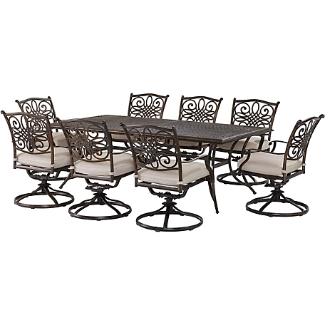 Agio 9 pc. Renditions Patio Furniture Set, Includes 8 Swivel Rockers and Cast-Top Table, Silver, Featuring Sunbrella Fabric