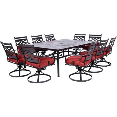 Hanover 11 pc. Montclair Dining Set, Includes 10 Swivel Rockers and 60 in. x 84 in. Table, Chili Red -  840148708198