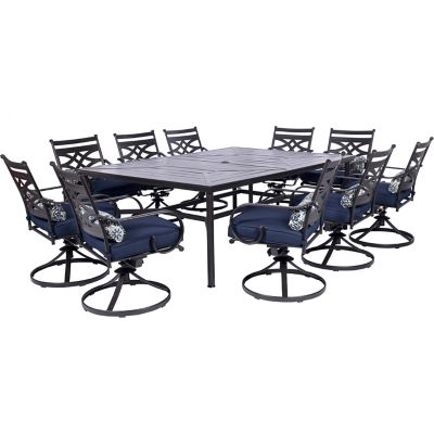 Hanover 11 pc. Montclair Dining Set, Includes 10 Swivel Rockers and 60 in. x 84 in. Table, Navy Blue