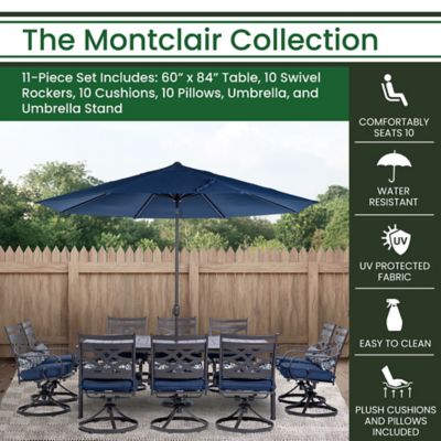 Image showing  Montclair 11 pc. Dining Set with 10 Swivel Rockers, Navy Blue, 60 x 84in. Table, 11 ft. Umbrella/Stand
