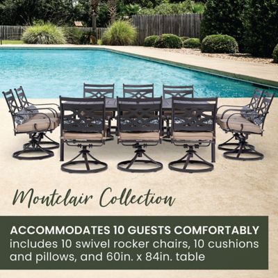 Image showing  Montclair 11 pc. Dining Set in Tan with 10 Swivel Rockers and a 60 in. x 84 in. Table, MCLRDN11PCSW10-TAN