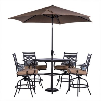 Hanover Montclair 5 pc. High-Dining Set in Tan, with 4 Chairs, 33 in. Counter-Height Table and 9 ft. Umbrella, MCLRDN5PCBR-SU-T
