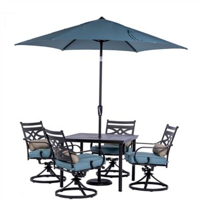 Hanover 5 pc. Montclair Patio Dining Set, Includes 4 Swivel Rockers, 40 in. Table and 9 ft. Umbrella, Ocean Blue