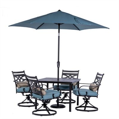 Image showing  5 pc. Montclair Patio Dining Set, Includes 4 Swivel Rockers, 40 in. Table and 9 ft. Umbrella, Ocean Blue
