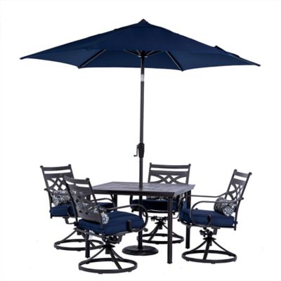 Hanover 5 pc. Montclair Patio Dining Set with 40 in. Table, 4 Swivel Rockers and 9 ft. Umbrella, Navy Blue