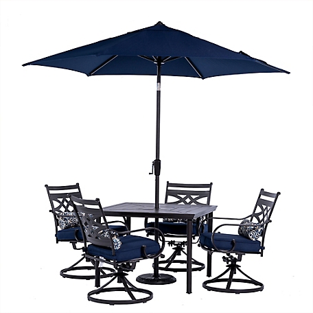 Hanover 5 pc. Montclair Patio Dining Set, Includes 4 Swivel Rockers, 40 in. Table and 9 ft. Umbrella, Navy Blue