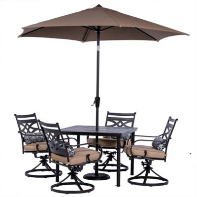 Hanover 5 pc. Montclair Patio Dining Set, Includes 4 Swivel Rockers, 40 in. Table and 9 ft. Umbrella, Tan