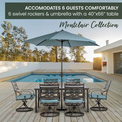 Image showing  Montclair 7 pc. Dining Set in Ocean Blue with 6 Rockers, 40 in. x 66 in. Table, 9 ft. Umbrella, MCLRDN7PCSQSW6-SU-B