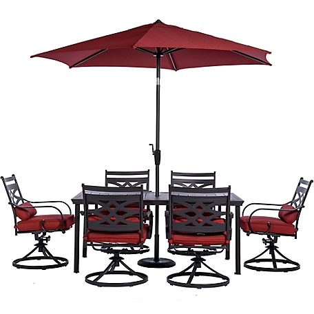 Hanover 7 pc. Montclair Dining Set, Includes 6 Rockers, 40 in. x 66 in. Table and 9 ft. Umbrella, Chili Red
