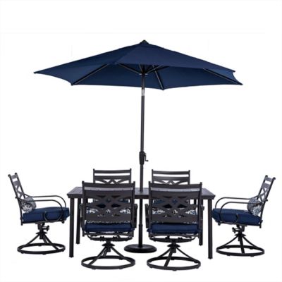 Hanover 7 pc. Montclair Dining Set, Includes 6 Rockers, 40 in. x 66 in. Table and 9 ft. Umbrella, Navy Blue