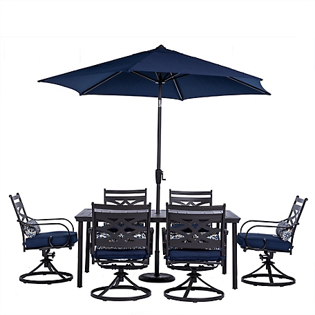 Hanover 7 pc. Montclair Dining Set, Includes 6 Rockers, 40 in. x 66 in. Table and 9 ft. Umbrella, Navy Blue