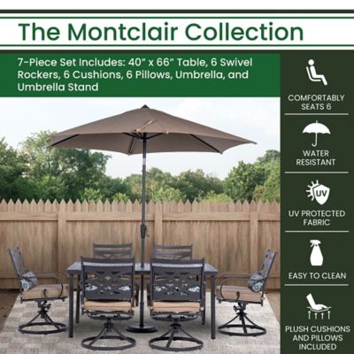 Image showing  Montclair 7 pc. Dining Set in Tan with 6 Rockers, 40 in. x 66 in. Dining Table and 9 ft. Umbrella, MCLRDN7PCSQSW6-SU-T