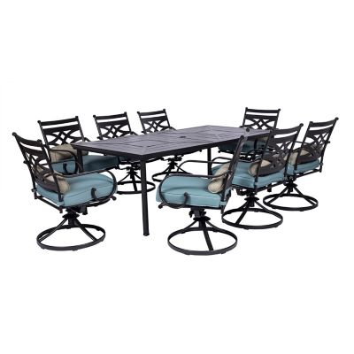 Hanover Montclair 9 pc. Dining Set in Ocean Blue with 8 Swivel Rockers and a 42 in. x 84 in. Table, MCLRDN9PCSW8-BLU