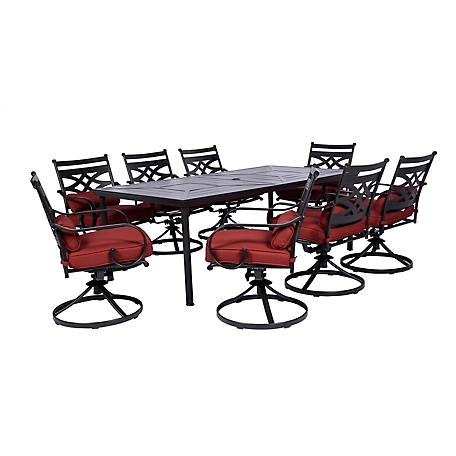 Hanover 9 pc. Montclair Dining Set, Includes 8 Swivel Rockers and 42 in. x 84 in. Table, Chili Red