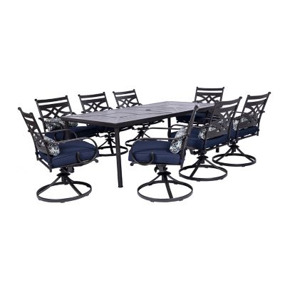 Hanover 9 pc. Montclair Dining Set, Includes 8 Swivel Rockers and 42 in. x 84 in. Table, Navy Blue