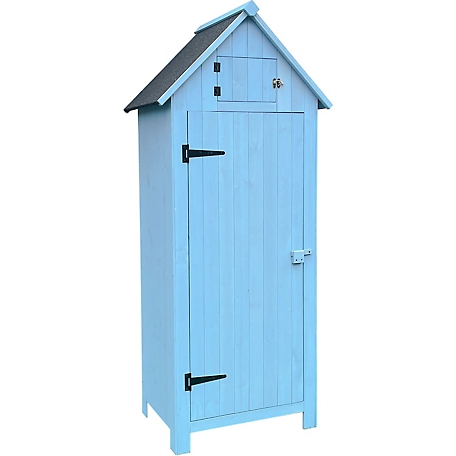 Hanover Outdoor Wooden Storage Shed with Pitched Roof, 3 Shelves and Locking Latch in Blue 2.5 Ft. W x 1.7 Ft. D x 5.8 Ft. H