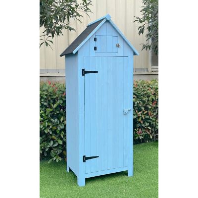 Image showing  2.5 x 1.7 x 5.8ft. Outdoor Wooden Storage Shed with Pitched Roof, 3 Shelves and Locking Latch, Blue
