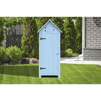 Image showing  2.5 x 1.7 x 5.8ft. Outdoor Wooden Storage Shed with Pitched Roof, 3 Shelves and Locking Latch, Blue