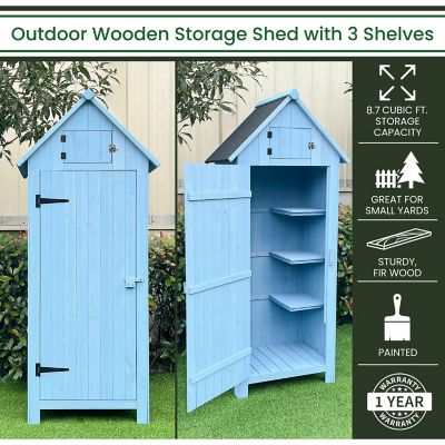 Image showing  2.5 x 1.7 x 5.8ft. Outdoor Wooden Storage Shed with Pitched Roof, 3 Shelves and Locking Latch, Blue