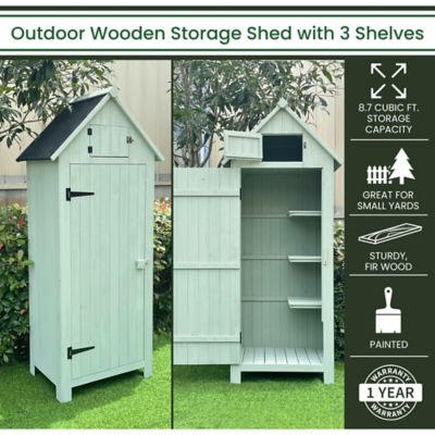 Image showing  Outdoor Wooden Storage Shed with Pitched Roof, 3 Shelves and Locking Latch, 3 x 2 x 6ft., Green