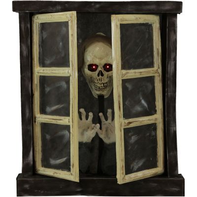 Haunted Hill Farm 2.8 ft. Window with Skeleton Halloween Animatronic, Halloween Decoration, Flashing Red Eyes, Battery Operated